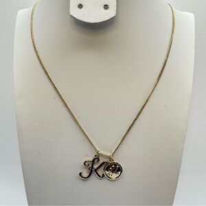 Gold Tone Initial K Charm Necklace 18-21” Adjustable Dainty Layered Minimalist